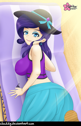 Size: 643x1000 | Tagged: safe, alternate version, artist:clouddg, rarity, equestria girls, g4, ass, breasts, busty rarity, butt, clothes, crepuscular rays, ear piercing, earring, female, hat, human coloration, jewelry, looking at you, looking back, looking back at you, midriff, piercing, rearity, signature, solo, sun hat, swimsuit