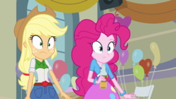 Size: 1024x576 | Tagged: safe, screencap, applejack, pinkie pie, human, equestria girls, g4, my little pony equestria girls, balloon, cider, hat, party, shocked, surprised