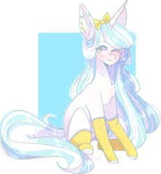 Size: 1634x1758 | Tagged: safe, artist:erinartista, oc, oc only, oc:lily, pony, unicorn, clothes, female, mare, one eye closed, simple background, sitting, socks, solo, transparent background, wink