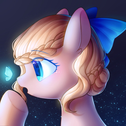 Size: 1800x1800 | Tagged: safe, artist:leafywind, oc, oc only, butterfly, pony, bow, braid, bust, colored pupils, ear fluff, female, hoof on chin, mare, open mouth, portrait, solo, starry eyes, underhoof, wingding eyes