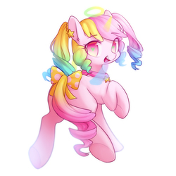 Size: 1800x1800 | Tagged: safe, artist:leafywind, oc, oc only, pony, bow, collar, ear piercing, ethereal wings, female, gradient tail, halo, looking at you, looking back, looking back at you, mare, multicolored hair, open mouth, piercing, ponytails, raised hoof, rear view, simple background, smiling, solo, starry eyes, tail bow, white background, wingding eyes