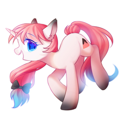 Size: 1800x1800 | Tagged: safe, artist:leafywind, oc, oc only, pony, unicorn, bow, colored pupils, ear fluff, female, gradient hooves, gradient mane, gradient tail, hair bow, looking at you, mare, open mouth, profile, simple background, smiling, solo, starry eyes, white background, wingding eyes