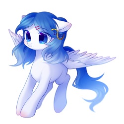 Size: 2000x2000 | Tagged: safe, artist:leafywind, oc, oc only, pegasus, pony, colored pupils, ear fluff, female, floppy ears, flying, hair accessory, hairpin, high res, mare, simple background, solo, spread wings, white background, wings