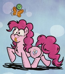 Size: 1831x2100 | Tagged: safe, artist:kdbrony, pinkie pie, butterfly, earth pony, pony, g4, female, mare, solo, tongue out