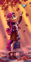 Size: 1443x2834 | Tagged: safe, artist:holivi, bon bon, sweetie drops, bird, earth pony, anthro, plantigrade anthro, adorabon, autumn, beautiful, clothes, cottagecore, cute, female, leaves, purse, shoes, skirt, socks, solo, soviet school uniform, tippy toes, young pioneer