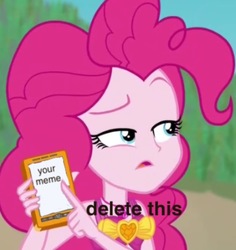 Size: 640x679 | Tagged: safe, edit, edited screencap, screencap, pinkie pie, equestria girls, equestria girls specials, g4, my little pony equestria girls: better together, my little pony equestria girls: forgotten friendship, caption, cropped, dank memes, delet this, image macro, meme