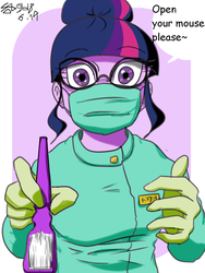 Size: 1200x1600 | Tagged: safe, artist:sozglitch, sci-twi, twilight sparkle, equestria girls, g4, clothes, dentist, engrish, female, glasses, gloves, japanese, latex, latex gloves, misspelling, rubber gloves, solo, toothbrush
