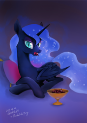 Size: 2480x3508 | Tagged: safe, artist:gashiboka, nightmare moon, alicorn, pony, g4, cherry, eating, female, food, high res, mare, mouth hold, prone, slender, slit pupils, thin