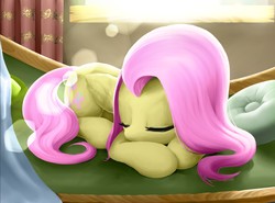 Size: 1377x1021 | Tagged: safe, artist:amarthgul, fluttershy, pegasus, pony, g4, couch, cute, daaaaaaaaaaaw, eyes closed, female, folded wings, indoors, lens flare, mare, prone, shyabetes, sleeping, solo, weapons-grade cute