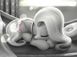 Size: 1374x1020 | Tagged: safe, artist:amarthgul, fluttershy, pegasus, pony, g4, couch, eyes closed, female, folded wings, indoors, lens flare, mare, monochrome, partial color, prone, sleeping, solo