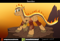 Size: 1200x819 | Tagged: safe, artist:bonaxor, oc, oc only, oc:smolder, fire pony, fire, leather, solo, volcano