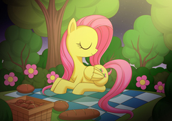 Size: 1200x846 | Tagged: safe, artist:liu ting, fluttershy, pegasus, pony, g4, basket, eyes closed, female, flower, folded wings, food, night, picnic, picnic blanket, prone, smiling, solo, tree, turned head