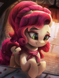 Size: 2250x3000 | Tagged: safe, artist:vanillaghosties, cherry jubilee, earth pony, pony, g4, cherry, cute, female, food, high res, indoors, jubibetes, looking down, mare, raised leg, smiling, solo