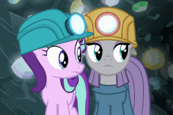 Size: 693x462 | Tagged: safe, screencap, maud pie, starlight glimmer, earth pony, pony, unicorn, g4, rock solid friendship, animated, cave, female, headlamp, helmet, looking at each other, mining helmet, smiling