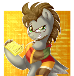 Size: 1600x1627 | Tagged: safe, artist:bl--blacklight, oc, oc only, oc:fidel shaw, pegasus, pony, clothes, glasses, male, notepad, scarf, simple background, solo, stallion, transparent background