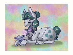 Size: 2048x1536 | Tagged: safe, artist:artfestation, cloudy quartz, limestone pie, maud pie, earth pony, pony, g4, abstract background, baby, baby pony, eyes closed, female, mare, mother and daughter, prone