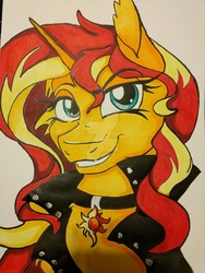 Size: 1024x1365 | Tagged: safe, artist:demise-the-art-demon, sunset shimmer, pony, unicorn, g4, bust, female, portrait, solo, traditional art, watermark