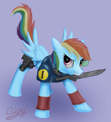 Size: 1100x1209 | Tagged: safe, artist:sigmatura, rainbow dash, pegasus, pony, g4, armor, auspex, bolter, carapace armor, combat knife, female, grenade, knife, mare, mouth hold, scout marine, simple background, solo, spread wings, ultramarine, warhammer (game), warhammer 40k, wings