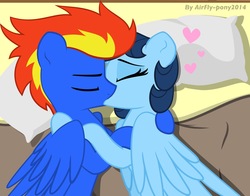 Size: 2560x2005 | Tagged: safe, alternate version, artist:airfly-pony, oc, oc only, oc:airflight, oc:wing hurricane, alicorn, pegasus, pony, rcf community, alicorn oc, bed, eyes closed, female, heart, high res, horn, kissing, large wings, love, male, old art, shipping, vector, wings