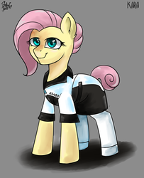 Size: 1535x1890 | Tagged: safe, artist:php97, fluttershy, earth pony, pony, g4, alternate hairstyle, ax400, clothes, cosplay, costume, crossover, detroit: become human, dress, ear fluff, female, gray background, kara (detroit: become human), mare, pants, race swap, simple background, solo