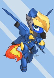 Size: 1512x2160 | Tagged: safe, alternate version, artist:airfly-pony, derpibooru exclusive, oc, oc only, oc:wing hurricane, pegasus, pony, rcf community, angry, armor, armored pony, base used, crossover, female, flying, looking at you, old art, overwatch, pharah, reference, rule 63, solo