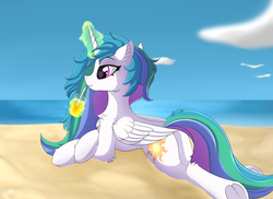 Size: 3000x2180 | Tagged: safe, artist:orangejuicerus, princess celestia, pony, g4, beach, butt, drinking, drinking straw, female, glowing horn, high res, horn, magic, mare, missing accessory, plot, prone, smiling, solo, sploot, sunbutt, underhoof