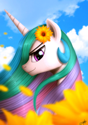 Size: 1240x1754 | Tagged: dead source, safe, artist:jeki, princess celestia, alicorn, pony, g4, cloud, cute, cutelestia, female, flower, flower in hair, looking at you, mare, missing accessory, petals, sky, smiling, solo