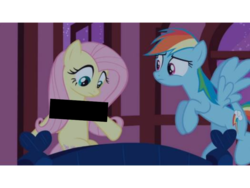 Size: 960x720 | Tagged: safe, edit, edited screencap, screencap, fluttershy, rainbow dash, g4, the super speedy cider squeezy 6000, bed, censored, censorship, female, fluttershy sleeps naked, fluttershy's cottage, unnecessary censorship, we don't normally wear clothes