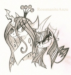 Size: 1585x1680 | Tagged: safe, artist:rossmaniteanzu, mean twilight sparkle, queen chrysalis, alicorn, changeling, changeling queen, pony, g4, the mean 6, clone, crown, fake twilight, female, jewelry, pencil drawing, regalia, sketch, traditional art