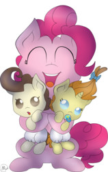 Size: 1024x1617 | Tagged: safe, artist:pinkiepie6680, pinkie pie, pound cake, pumpkin cake, pony, g4, diaper, hug, simple background, sitting, transparent background