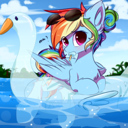 Size: 1500x1500 | Tagged: dead source, safe, artist:heddopen, rainbow dash, pegasus, pony, swan, g4, alternate hairstyle, beach, beautiful, blushing, chest fluff, cute, dashabetes, ear fluff, eye clipping through hair, female, fluffy, food, ice cream, inflatable, inflatable bird, inflatable float, inflatable swan, inflatable toy, mare, pool toy, popsicle, sea salt ice cream, solo, sunglasses, wings