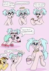 Size: 1392x2005 | Tagged: safe, artist:pastel-charms, oc, oc only, oc:carmel bell, oc:twinkle star, earth pony, hamster, pony, bucket, carrot, clothes, cute, female, filly, food, halo, mare, missing teeth, offspring, older, parent:cheese sandwich, parent:pinkie pie, parents:cheesepie, pigtails, skirt, skirt lift