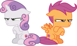 Size: 4982x3000 | Tagged: safe, artist:sollace, scootaloo, sweetie belle, pegasus, pony, unicorn, g4, surf and/or turf, .svg available, angry, crossed hooves, cute, cute but angry, cutie mark, duo, female, filly, foal, frown, show accurate, simple background, the cmc's cutie marks, transparent background, vector