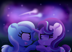 Size: 3471x2500 | Tagged: safe, artist:bubbly-storm, starlight glimmer, trixie, pony, unicorn, g4, female, high res, lesbian, looking at each other, mare, night, ship:startrix, shipping, shooting star, smiling