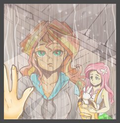 Size: 1070x1102 | Tagged: safe, artist:hobilo, angel bunny, fluttershy, sunset shimmer, equestria girls, g4, rain, reflection, window