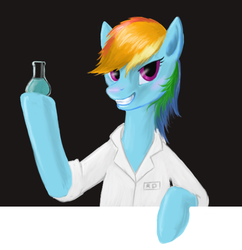 Size: 575x593 | Tagged: safe, artist:sigmatura, rainbow dash, pony, g4, clothes, female, flask, grin, lab coat, looking at you, mare, smiling, solo