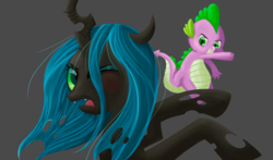 Size: 1163x686 | Tagged: safe, artist:fey-rune, queen chrysalis, spike, changeling, changeling queen, dragon, g4, abuse, baby, baby dragon, badass, badass adorable, bitch slap, blood, chrysabuse, confused, cute, cutealis, duo, epic, fangs, female, fight, former queen chrysalis, frown, gray background, injured, male, mare, one eye closed, open mouth, payback, punch, punish the villain, revenge, rivalry, simple background, smiling, smirk, spikabetes, surprised