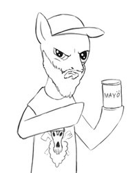 Size: 295x370 | Tagged: safe, artist:sigmatura, pony, baseball cap, beard, cap, clothes, facial hair, food, hat, male, mayonnaise, monochrome, ponified, regular ordinary swedish meal time, sauce, shirt, sketch, solo, stallion