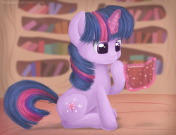 Size: 1005x772 | Tagged: safe, artist:kotyasha13, twilight sparkle, pony, unicorn, g4, book, female, golden oaks library, levitation, magic, solo, telekinesis, unicorn twilight