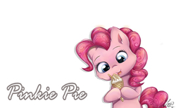 Size: 928x570 | Tagged: safe, artist:kotyasha13, pinkie pie, earth pony, pony, g4, eating, female, food, ice cream, name, simple background, solo