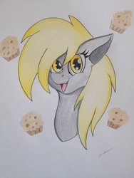 Size: 1024x1365 | Tagged: safe, artist:luxiwind, derpy hooves, pony, g4, bust, female, food, muffin, portrait, solo, traditional art