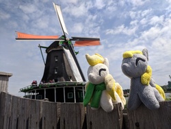 Size: 4048x3036 | Tagged: safe, artist:junky2k, derpy hooves, oc, oc:dandelion blossom, pony, g4, amsterdam, chibi, irl, netherlands, north holland, photo, plushie, windmill