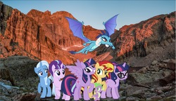 Size: 2009x1154 | Tagged: safe, artist:php77, editor:php77, princess ember, sci-twi, spike, starlight glimmer, sunset shimmer, trixie, twilight sparkle, alicorn, pony, g4, irl, photo, ponies in real life, twilight sparkle (alicorn), twolight, wallpaper
