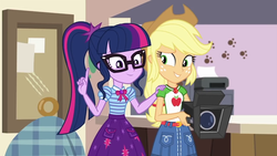 Size: 1280x720 | Tagged: safe, screencap, applejack, sci-twi, twilight sparkle, equestria girls, g4, my little pony equestria girls: better together, outtakes (episode), applejack's hat, camera, clothes, cowboy hat, duo, female, geode of super strength, geode of telekinesis, glasses, hat, magical geodes, paw prints, polo shirt, ponytail, skirt