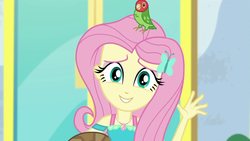 Size: 1280x720 | Tagged: safe, screencap, fluttershy, bird, parrot, equestria girls, g4, my little pony equestria girls: better together, outtakes (episode), cute, female, lovebird, shyabetes, solo, waving