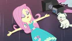 Size: 1280x720 | Tagged: safe, screencap, fluttershy, dog, equestria girls, g4, my little pony equestria girls: better together, outtakes (episode), camera, clothes, dress, eyes closed, eyeshadow, female, fluttershy boho dress, lying, makeup, pup-pup