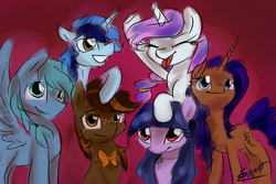 Size: 1800x1200 | Tagged: safe, artist:elisdoominika, oc, oc only, oc:cosmia nebula, oc:fahu, oc:thinker blue, oc:timea, oc:twinkle poonam, earth pony, pegasus, pony, unicorn, friendship, group shot, hug, tongue out