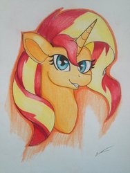 Size: 1024x1365 | Tagged: safe, artist:luxiwind, sunset shimmer, pony, unicorn, g4, bust, female, portrait, solo, traditional art