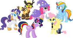 Size: 985x511 | Tagged: safe, applejack, fluttershy, iron will, lightning dust, pinkie pie, rainbow dash, rarity, sunset shimmer, trixie, twilight sparkle, pony, timber wolf, g4, cape, clothes, hat, mane six, simple background, transparent background, trixie's cape, trixie's hat