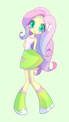 Size: 1500x2668 | Tagged: safe, artist:bbtasu, fluttershy, equestria girls, g4, boots, clothes, cute, female, hairpin, looking at you, moe, shoes, simple background, skirt, socks, solo